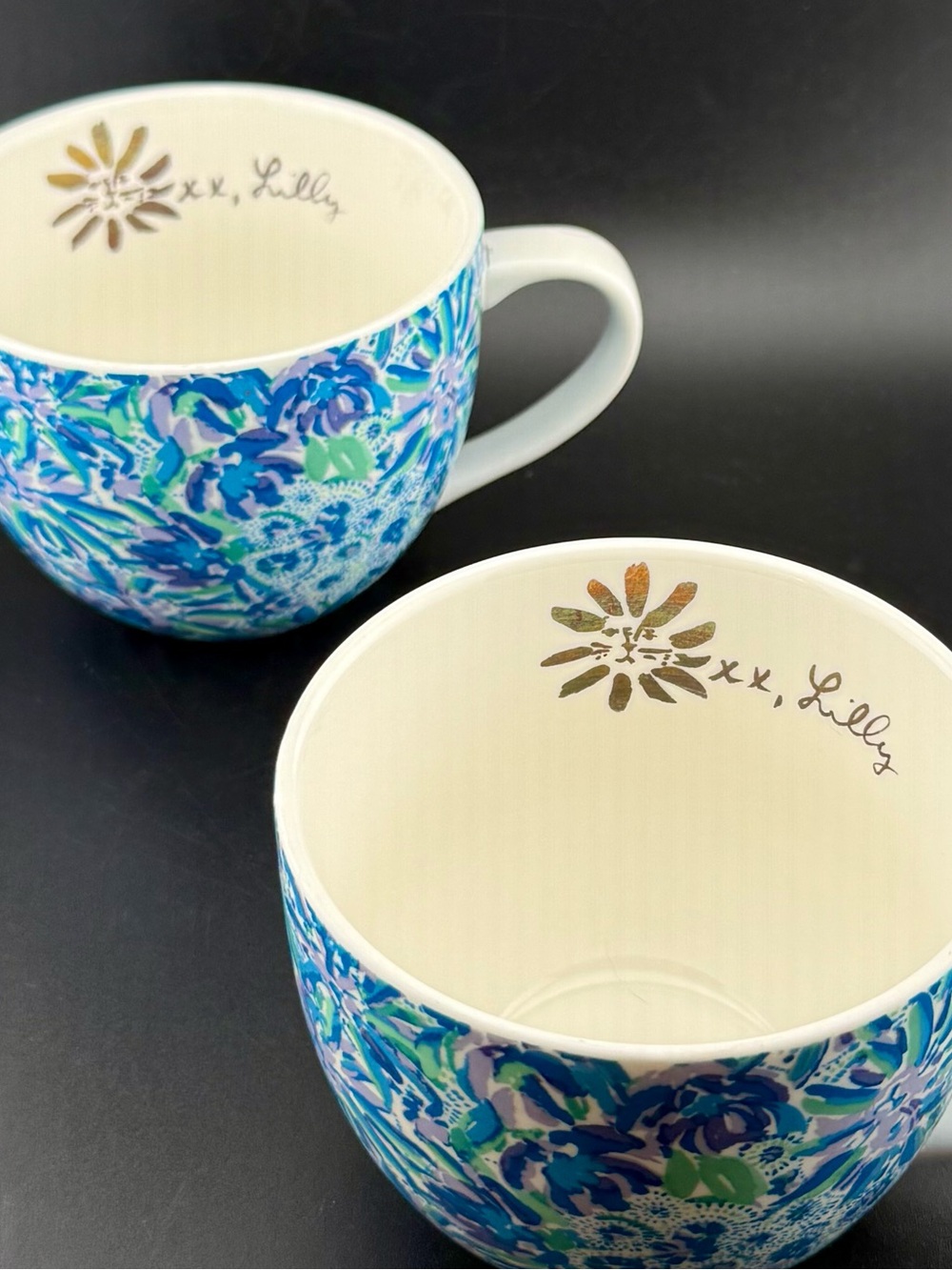 2 Lilly Pulitzer ceramic coffee mugs. Blue floral "High Maintenance" pattern - Picture 15 of 15